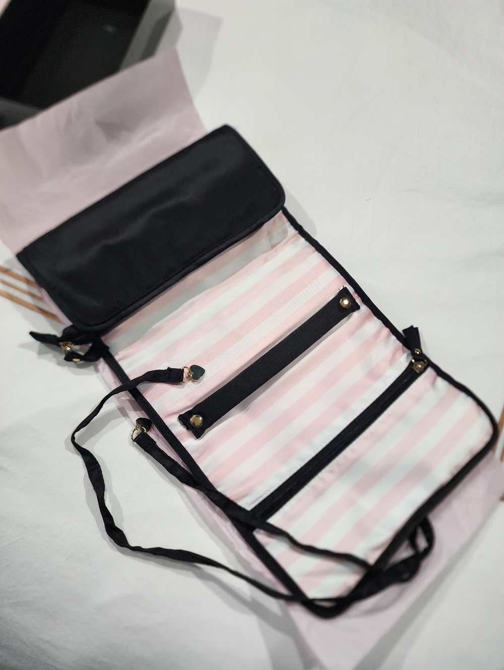 Victoria's Secret Black Exterior Pink-and-White Striped Travel Jewelry Case